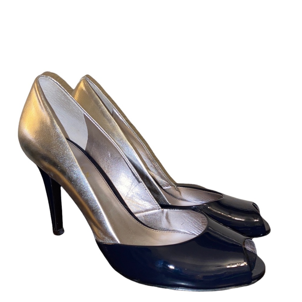 Lauren Ralph Lauren Aaralyn Silver Black Patent Leather Peep Toe Pumps Size 8